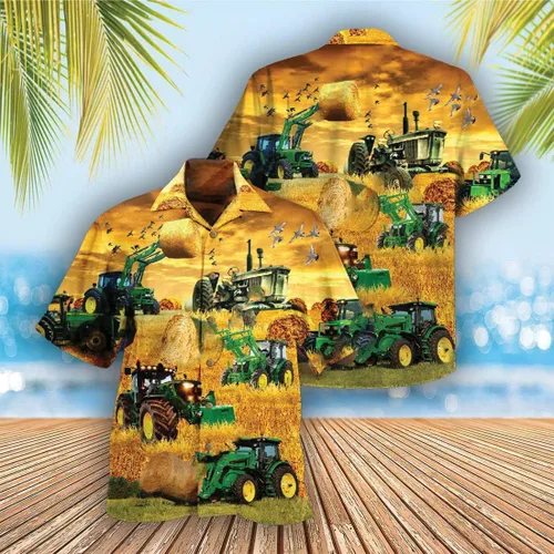 Vista 2 de Camisas hawaianas de tractor para hombres y mujeres - Juego de camisas hawaianas de manga corta para hombre con botones para amantes de la granja 110