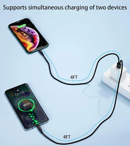 Vista 3 de Cable USB C múltiple de 4 pies, carga múltiple tipo C 2 en 1, carga USB C de doble divisor 3A, cable de nailon, USB A a puerto USB C doble