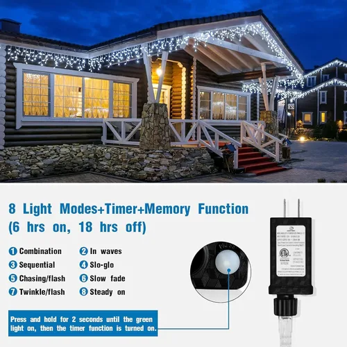 Vista 5 de Luces de cadena LED de carámbanos de 32.8 pies con 400 LED, 8 modos impermeables, luces navideñas de carámbanos para exteriores con función