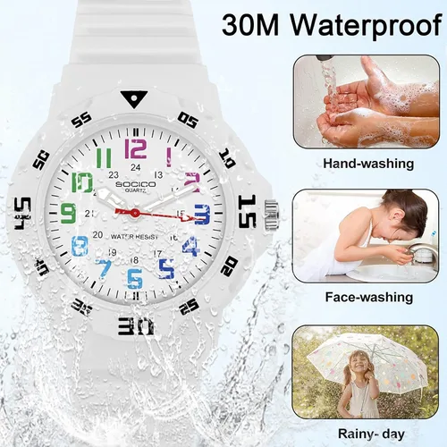 Vista 3 de Reloj analógico para niños, resistente al agua, para enseñar el tiempo, para niños y niñas, correa suave para aprender