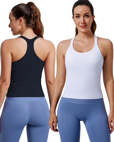 Vista 15 de Women's Workout Tank Tops, with Built in Bra Racerback Seamless Crop Tops Negro Blanco Gris 3 Pack