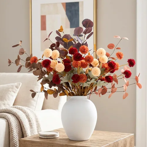 Vista 7 de Flores artificiales blancas y vegetación con jarrón, centro de mesa de arreglo floral sintético para mesa de comedor, flores de seda realistas