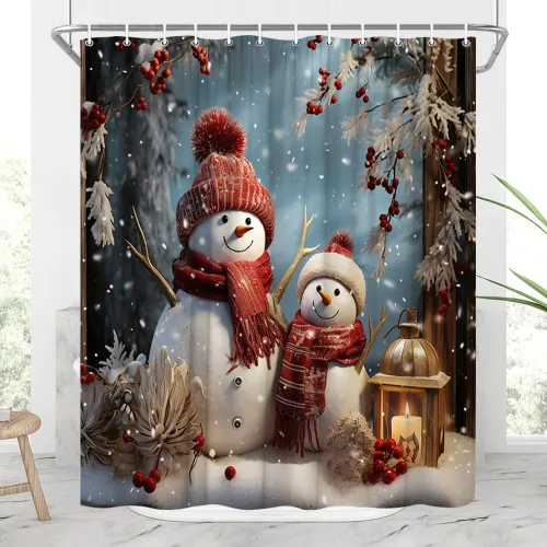 Vista 2 de Merry Christmas 2 Pcs Bathroom Sets Winter Snowman Xmas Red Berry Pine Tree Forest Happy New Year Shower Curtain and Bath Mat Set