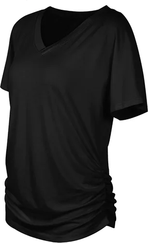 Vista 5 de WIHOLL - Camisetas de manga corta con cuello en V para mujer, holgadas, con fruncido lateral