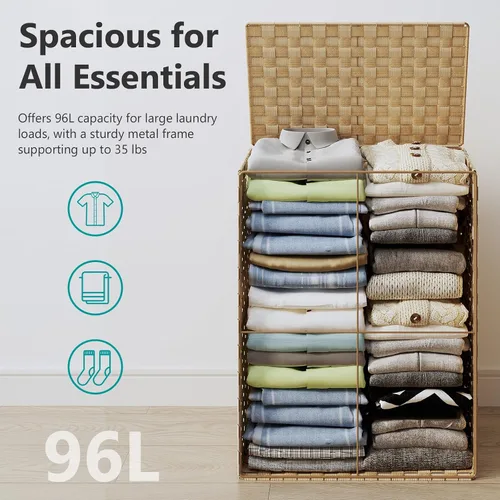 Vista 3 de Fiona's magic - Cesta plegable para ropa sucia con tapa, tejida a mano de 96 litros con bolsas de forro extraíbles, cesta alta plegable