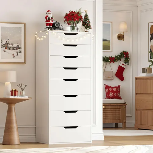 Vista 9 de FACBOTALL Cómoda blanca alta, cómoda de 8 cajones con asas ranuradas, cómodas altas blancas, cómoda moderna con gran espacio de almacenamiento