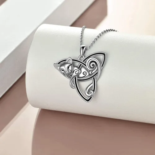 Vista 4 de POPLYKE Collar de gato celtacollar de urna de gato para mujer, plata de ley, triquetra, collar de nudo de trinidad celta para niñas, regalos