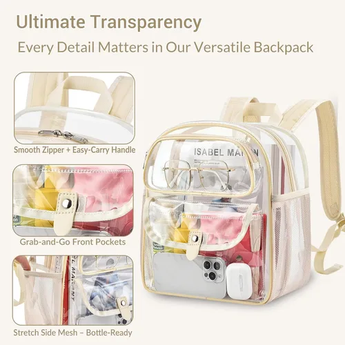 Vista 4 de SPODEARS Mochila pequeña transparente para fanáticos de los deportes, para estadio, concierto, festival y más, diseño de múltiples bolsillos, Beige