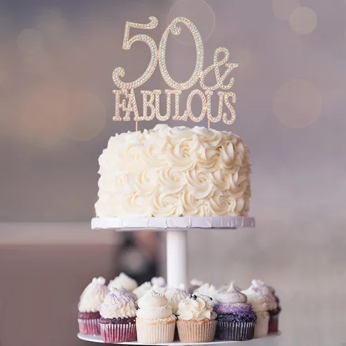 Vista 7 de Decoración de 50 tartas – Metal de oro rosa de alta calidad – 50 y fabuloso – Decoración brillante de diamantes de imitación para fiesta