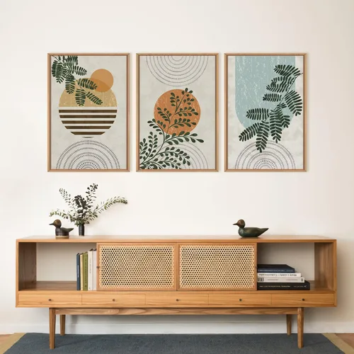 Vista 2 de FWIEXA Juego de Arte de Lienzo Bohemio Enmarcado para Pared, Cuadros Botánicos Verde Salvia Decoración de Pared, Impresiones de Arte de Plantas
