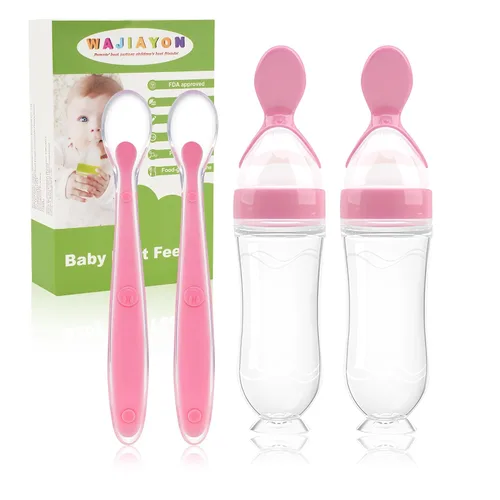 Vista 9 de Juego de cucharas dispensadoras de alimentos para bebés de 4 piezas de silicona - WAJIAYON, cucharas de alimentación con exprimidor de 3 oz