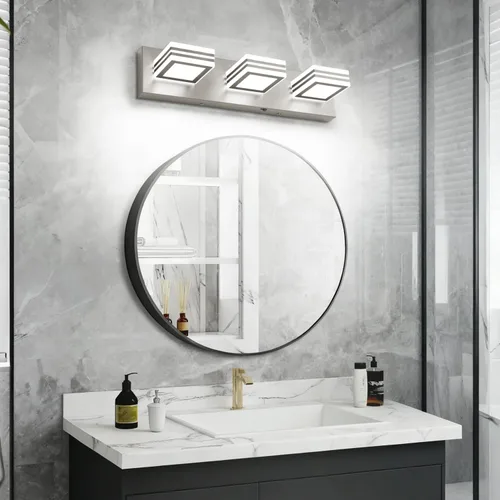 Vista 9 de SOLFART Lámparas LED para tocador de baño: 3 luces de níquel cepillado moderno acrílico para pared de baño sobre espejo de 20 pulgadas 5CCT Níquel
