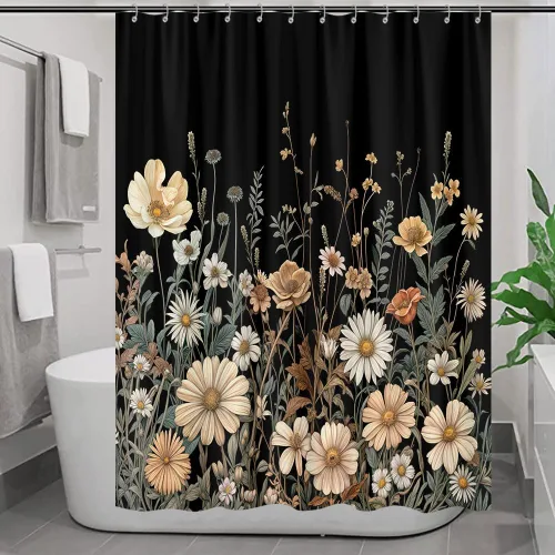 Vista 26 de Cortina de ducha de mariposa floral negra y dorada, cortina de ducha bohemia con diseño botánico de flores oscuras para baño con gancho, juego