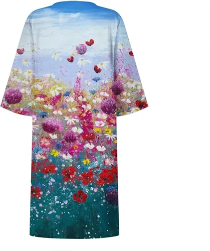 Vista 4 de Vestido casual de lino de verano para mujer, manga 34, longitud hasta la rodilla, vestido camisero con estampado gráfico floral