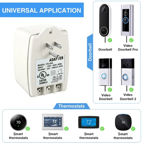 Vista 3 de Hotop Transformador de 24 voltios, transformador de CA de 40 VA, enchufe con fusible PTC, compatible con timbre Ring y termostato compatible