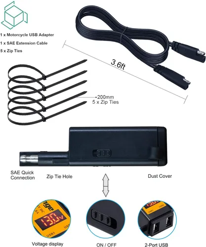 Vista 6 de Cargador USB para motocicleta, adaptador Mroinge 4.8A SAE a USB con voltímetro y amperímetro, enchufe de desconexión rápida con cargador USB doble