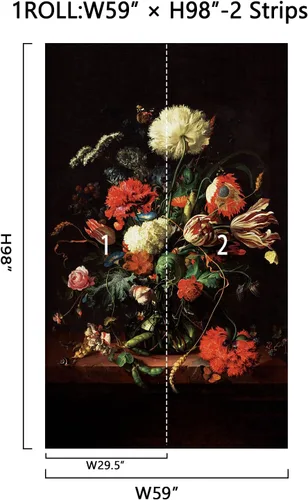 Vista 2 de Zeeko Murales de pared florales oscuros para despegar y pegar, 59 pulgadas de ancho x 98 pulgadas de alto, papel tapiz de flores 3D vintage