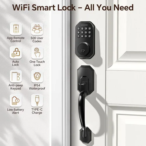 Vista 2 de Ulecoce Cerradura de puerta inteligente WiFi para puerta delantera, cerradura de puerta de entrada sin llave con control de aplicación, juego