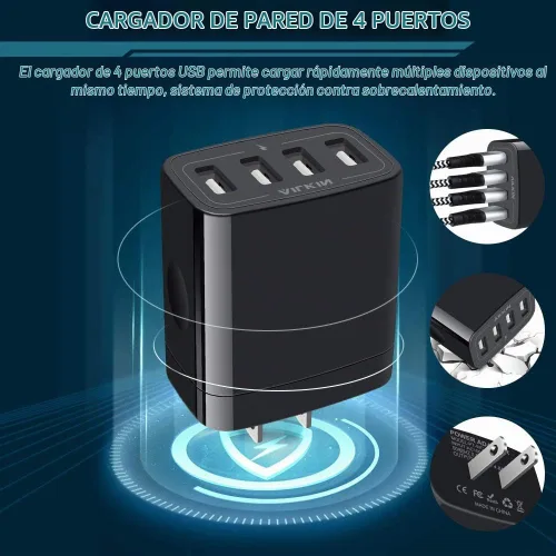 Vista 4 de Cargador de pared, adaptador de cargador USB, estación de carga rápida AILKIN 4.8A, 4 puertos múltiples, bloque de base de alimentación, enchufe