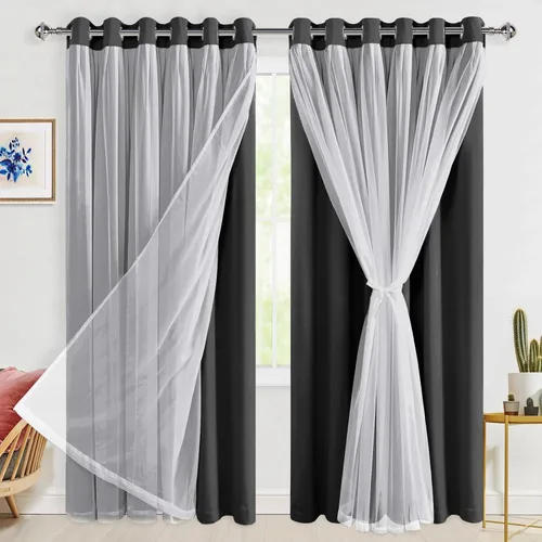 Vista 36 de Hiasan Cortinas opacas con superposición transparente, aislamiento térmico para mezclar y combinar de doble capa, cortinas de oscurecimiento de Beige
