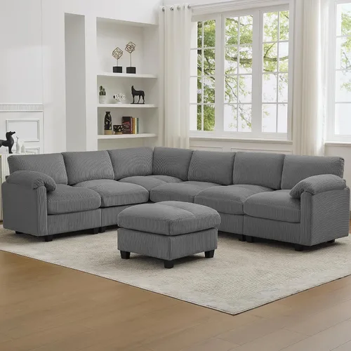 Vista 23 de Sofá modular de 61 pulgadas con otomana, asiento extra profundo para sala de estar, sofá de asiento profundo de pana con almohadas para Beige