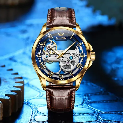 Vista 27 de OLEVS Relojes de esqueleto para hombre, automático, mecánico, de lujo, de cuero, impermeable, luminoso, reloj de pulsera para hombre