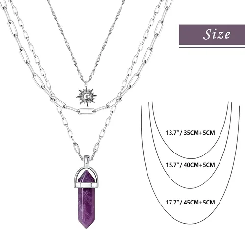 Vista 5 de MJartoria Collar de pentagrama de luna, collar de chakra de cristal, colgante, con dije, cadena de aleación multicapa, conjunto de gargantilla