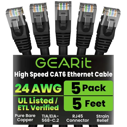 Vista 22 de GEARit Cables de conexión Cat6 de 1 pie negro (paquete de 5) Cables de conexión Cat 6 de 1 pie, cable de conexión negro/Ethernet, 10Gbps 550MHz