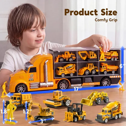 Vista 7 de JOYIN Juego de camiones de construcción 25 en 1 con 12 vehículos y 12 figuras de trabajadores, camiones de juguete Push and Go con sonido y luz