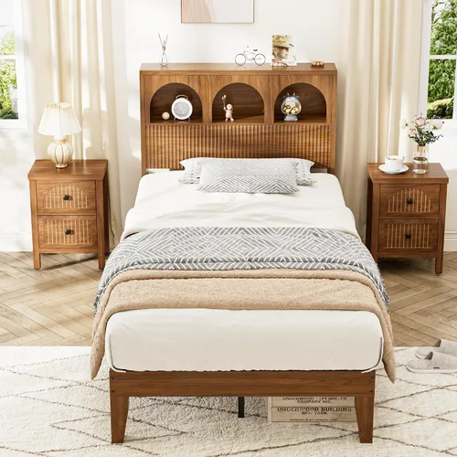 Vista 9 de Lxsxlome - Marco de cama individual con cabecera ondulada, cabecera de madera con 3 compartimentos de almacenamiento arqueados, plataforma de cama