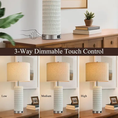 Vista 2 de Reaketon Juego de 2 lámparas blancas de 67.3 cm para recámara, lámparas de mesa modernas para sala de estar con puertos USB C+A, lámparas táctiles