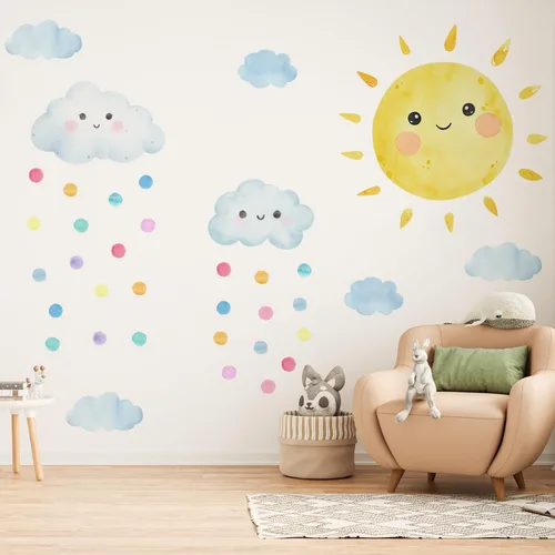 Vista 9 de Decoración grande para cuarto de bebé, sol sonriente y flor de color, calcomanía de pared para sala de juegos, aula y fiesta, acuarela Dreamscape