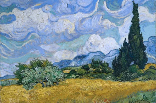 Vista 2 de Vincent Van Gogh Campo de trigo laminado con cipreses estilo de pintura impresionista naturaleza bosque decoración paisaje póster borrado en seco