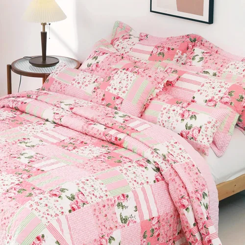 Vista 2 de Colcha floral con 1 funda de almohada, tamaño individual, juego de edredón de retazos rosa de 2 piezas, edredón de verano para niñas y mujeres