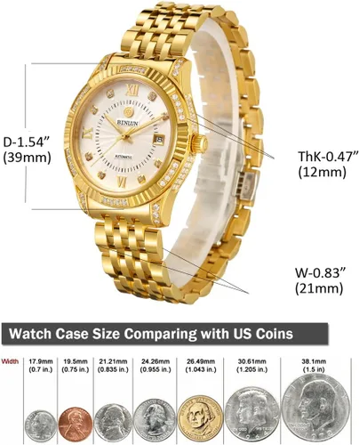 Vista 32 de BINLUN Reloj de pulsera para hombre, mecánico automático, reloj dorado con cuerda automática, elegante, chapado en oro de 18 quilates, relojes