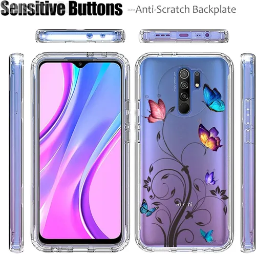 Vista 5 de Funda para Redmi 9/Redmi 9 Prime/Poco M2 M2004J19PI con protector de pantalla de vidrio templado, diseño de mariposa transparente de cuerpo
