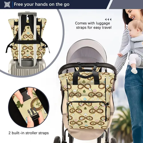Vista 4 de Diaper Bag Backpack, Cream and Green Floral Shamrock Pattern, 15L Capacity Nylon Tote with Multiple Pockets, Stroller Clips, 11.02x5.91x15.3 Inches