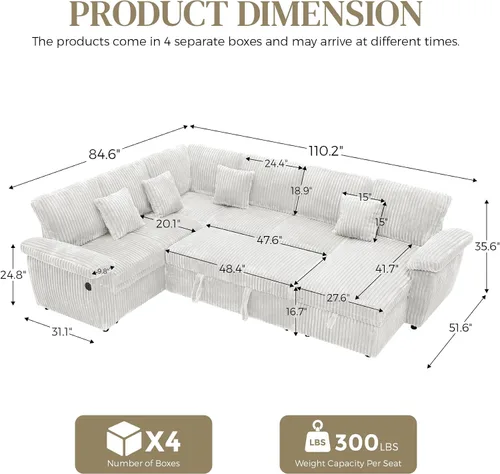 Vista 2 de Sofá cama modular de 110 pulgadas con cama extraíble, diván de almacenamiento y carga USB, sofás seccionales de pana de felpa en forma de U beige