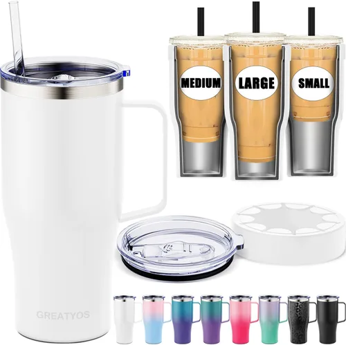 Vista 16 de Funda universal para café helado con asa - Soporte aislante de acero inoxidable reutilizable de doble pared para bebidas frías que se adapta a tazas