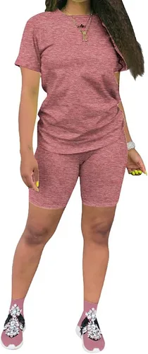 Vista 11 de KINIKO Conjunto deportivo de 2 piezas para mujer, casual, de moda, color sólido, camiseta de manga corta y pantalones Negro-a