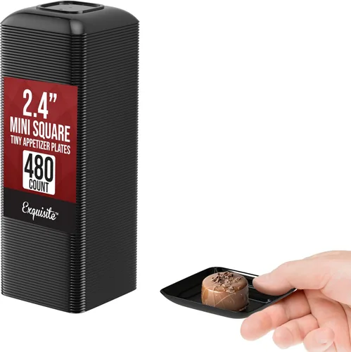 Vista 17 de Exquisite Mini platos de postre pequeños, paquete de 120 platos desechables negros de 2.4 x 2.4 pulgadas, pequeños de plástico sin BPA para bodas