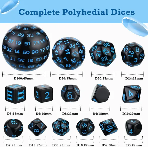 Vista 2 de Civaner Juego completo de 15 dados poliédricos D3-D100 esféricos RPG en negro opaco, 100 lados para juegos de rol, suministros de fiesta