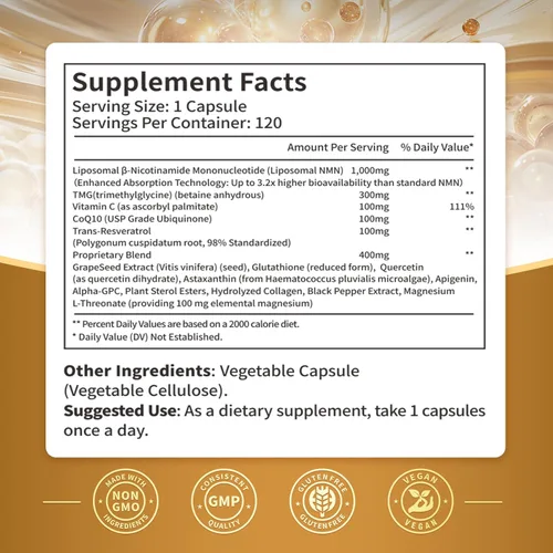 Vista 9 de Suplemento liposomal NMN 15 en 1, 2000 mg por porción*, suministro para 120 días, 99% puro, alternativa NAD+ NMNH con mononucleótido