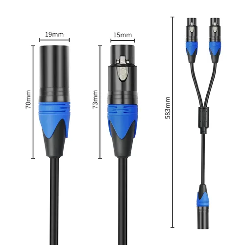 Vista 3 de Divisor XLR, cable divisor XLR equilibrado macho a 2 hembras, cable de micrófono divisor XLR Y de 3 pines (1.6 pies/2 unidades)