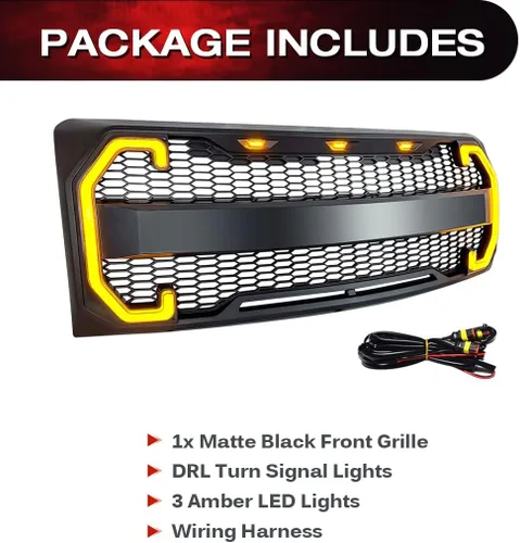 Vista 4 de EOMD Parrilla frontal compatible con F150 2009-2014 con DRL y luces de señal de giro, color negro mate