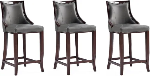 Vista 12 de Manhattan Comfort Emperor Taburetes de bar de cuero vegano con respaldo, acolchado de espuma y marco de madera de haya maciza, taburete de bar bronce