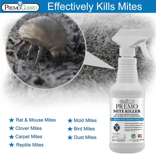 Vista 3 de Premo Guard Spray de tratamiento de ácaros, 16 onzas, mata el polvo, la sarna, la araña, la alfombra, los ácaros de pájaros, ratones y ratas