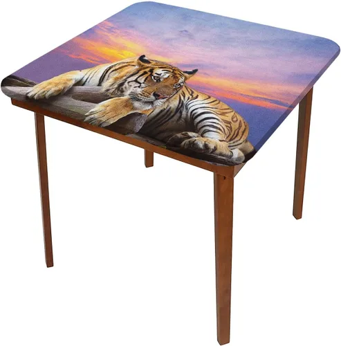 Vista 3 de Mantel cuadrado de animales, tigre acostado en madera, cielo azul, colorido, puesta de sol, elástico, para restaurantes, picnic, patio, decoración