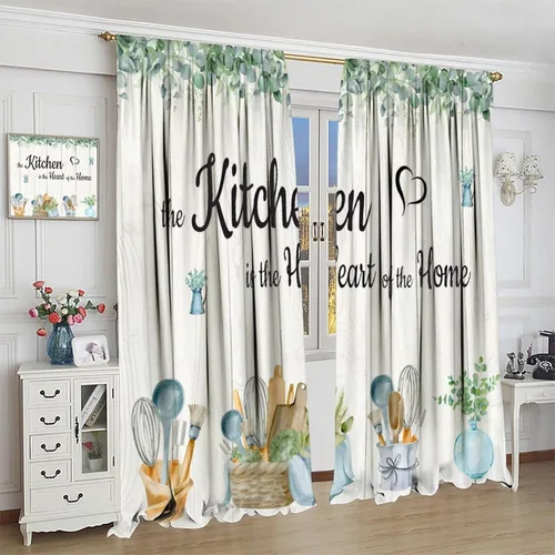 Vista 4 de Cortinas rústicas de cocina de granja, hojas verdes florales de primavera, cortinas retro de tablones de madera campestre para dormitorio, comedor