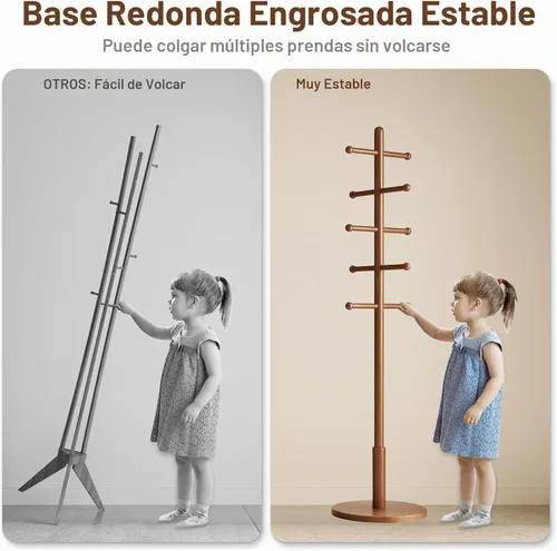 Vista 7 de Perchero de madera maciza independiente con 10 ganchos, perchero independiente con 3 alturas ajustables para abrigos, sombreros, bolsos, perchero